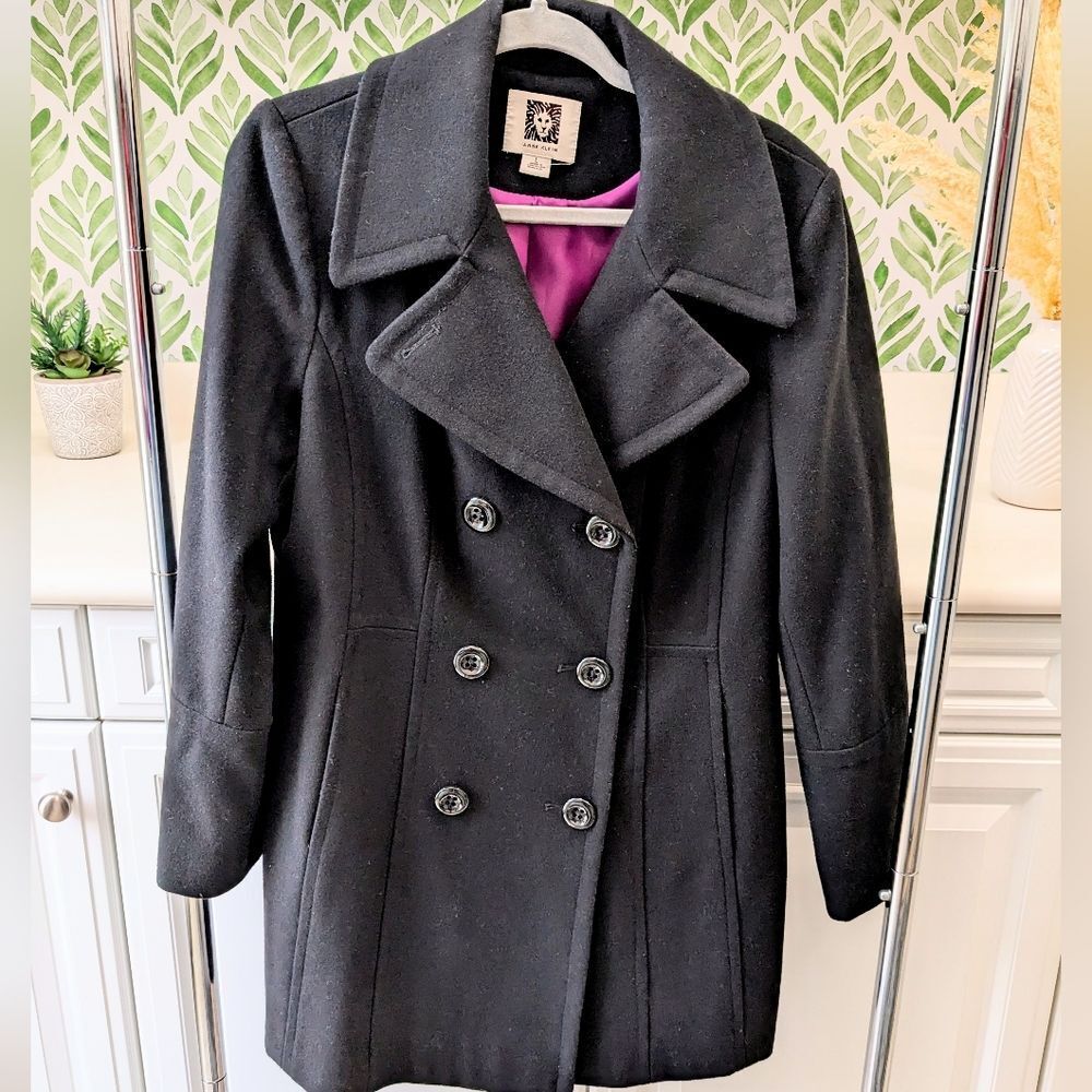 Black Anne Klein Double Breasted Wool Coat Large Winter Peacoat Classic Preppy - Picture 3 of 8